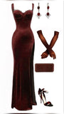 Tineit Elegant Sheath Straps Lace Velvet Burgundy Slit Prom Dresses Evening Dress With Gloves (PRE-ORDER)