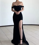 Tineit Elegant Mermaid Off The Shoulder Black Slit Prom Dresses Evening Dress (PRE-ORDER)