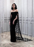 Tineit Elegant Mermaid Off The Shoulder Black Prom Dresses With Cape Evening Dress (PRE-ORDER)