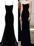 Tineit Elegant Mermaid Spaghetti Straps Velvet Black Prom Dresses Long Evening Dress (PRE-ORDER)