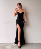 Tineit Elegant Sheath Straps Black Slit Prom Dresses Evening Dress With Split (PRE-ORDER)