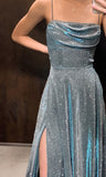 Tineit Elegant A line Spaghetti Straps Blue Sequin Prom Dresses Long Evening Dress (PRE-ORDER)