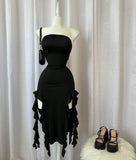 Tineit Elegant Sheath Strapless Black Chiffon Prom Dresses Ruffles Evening Dress (PRE-ORDER)