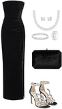 Tineit Elegant Sheath Strapless Black Velvet Long Prom Dresses Evening Dress (PRE-ORDER)