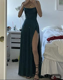 Tineit Elegant A Line Spaghetti Straps Slit Green Long Prom Dresses Evening Dress (PRE-ORDER)