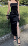 Tineit Elegant Sheath Spaghetti Straps Black Slit Prom Dresses Satin Evening Dress (PRE-ORDER)