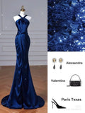 Tineit Elegant Mermaid Halter Royal Blue Satin Long Prom Dresses Evening Dress (PRE-ORDER)