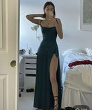 Tineit Elegant A Line Spaghetti Straps Slit Green Long Prom Dresses Evening Dress (PRE-ORDER)