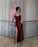 Tineit Elegant Sheath Spaghetti Straps Slit Burgundy Long Prom Dresses Evening Dress (PRE-ORDER)