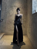 Tineit Pretty Sheath Spaghetti Straps Slit Black Long Prom Dresses Evening Dress (PRE-ORDER)