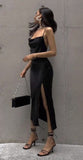 Tineit Pretty Sheath Spaghetti Straps Slit Black Prom Dresses Evening Dress (PRE-ORDER)