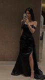 Tineit Pretty Sheath Off The Shoulder Slit Black Satin Prom Dresses Evening Dress (PRE-ORDER)