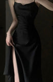 Tineit Elegant Sheath Spaghetti Straps Black Slit Prom Dresses Evening Dress (PRE-ORDER)