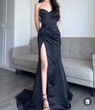 Tineit Pretty Sheath Sweetheart Slit Black Satin Prom Dresses Evening Dress (PRE-ORDER)