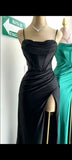 Tineit Elegant Sheath Spaghetti Straps Black Slit Long Prom Dresses Evening Dress (PRE-ORDER)