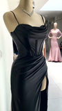 Tineit Elegant Sheath Spaghetti Straps Black Slit Long Prom Dresses Evening Dress (PRE-ORDER)