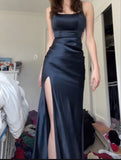 Tineit Sexy Sheath Spaghetti Straps Black Slit Long Prom Dresses Evening Dress (PRE-ORDER)