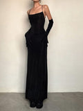 Tineit Sexy Sheath Spaghetti Straps Black Long Prom Dresses Evening Dress With Gloves (PRE-ORDER)