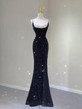 Tineit Sexy Mermaid Spaghetti Straps Black Sequin Long Prom Dresses Evening Dress With Slit (PRE-ORDER)