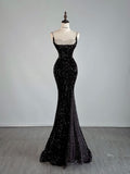 Tineit Sexy Mermaid Spaghetti Straps Black Sequin Long Prom Dresses Evening Dress With Slit (PRE-ORDER)