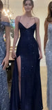 Tineit Pretty Sheath Spaghetti Straps Slit Navy Blue Sequin Prom Dresses Evening Dress (PRE-ORDER)