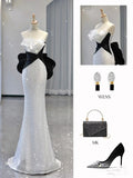 Tineit Sexy Mermaid Strapless Sequin Long Ruffles Prom Dresses Evening Dress (PRE-ORDER)