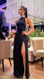 Tineit Pretty Sheath Halter Slit Black Long Sequin Prom Dresses Evening Dress (PRE-ORDER)