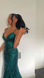 Tineit Pretty Mermaid Halter Green Sequin Long Prom Dresses Evening Dress (PRE-ORDER)