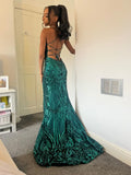 Tineit Pretty Mermaid Halter Green Sequin Long Prom Dresses Evening Dress (PRE-ORDER)