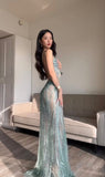 Tineit Pretty Mermaid Spaghetti Straps Sequin Green Long Prom Dresses Evening Dress (PRE-ORDER)