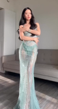 Tineit Pretty Mermaid Spaghetti Straps Sequin Green Long Prom Dresses Evening Dress (PRE-ORDER)