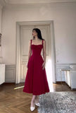 Tineit Pretty A line Spaghetti Straps Burgundy Tea Length Prom Dresses Evening Dress (PRE-ORDER)