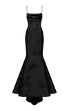 Tineit Modest Mermaid Spaghetti Straps Black Floral Satin Long Prom Dresses Evening Dress (PRE-ORDER)