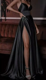 Tineit Pretty A line Spaghetti Straps Black Satin Slit Long Prom Dresses Evening Dress (PRE-ORDER)