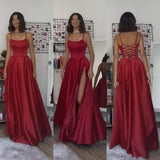 Tineit Pretty A line Spaghetti Straps Red Satin Slit Long Prom Dresses Evening Dress (PRE-ORDER)