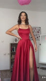 Tineit Pretty A line Spaghetti Straps Red Satin Slit Long Prom Dresses Evening Dress (PRE-ORDER)