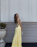 Tineit Modest Sheath Spaghetti Straps Yellow Satin Long Prom Dresses Evening Dress (PRE-ORDER)