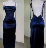 Tineit Modest Sheath Spaghetti Straps Navy Blue Satin Prom Dresses Evening Dress (PRE-ORDER)