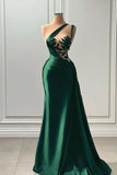 Tineit Modest Mermaid One Shoulder Green Long Satin Prom Dresses Evening Dress (PRE-ORDER)