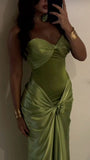 Tineit Modest Mermaid Sweetheart Sage Green Long Satin Prom Dresses Evening Dress (PRE-ORDER)