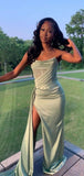 Tineit Modest Mermaid Strapless Mint Green Long Satin Slit Prom Dresses Evening Dress (PRE-ORDER)