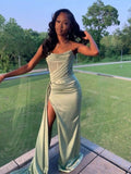 Tineit Modest Mermaid Strapless Mint Green Long Satin Slit Prom Dresses Evening Dress (PRE-ORDER)