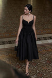 Tineit Modest A Line Spaghetti Straps Sleeveless Black Satin Prom Dresses Evening Dress (PRE-ORDER)