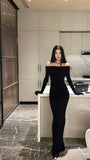 Tineit Modest Sheath Off The Shoulder Black Long Sleeves Backless Prom Dresses Long Evening Dress (PRE-ORDER)