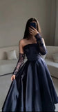 Tineit Modest Ball Gown Navy Blue Strapless With Long Sleeves Prom Dresses Long Evening Dress (PRE-ORDER)