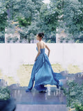 Tineit Modest A Line Sweetheart Blue Fold Slit Prom Dresses Long Evening Dress (PRE-ORDER)