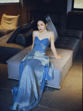 Tineit Modest A Line Sweetheart Blue Fold Slit Prom Dresses Long Evening Dress (PRE-ORDER)