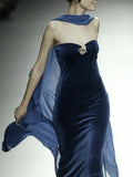 Tineit Modest Sheath Strapless Navy Blue Beads Velvet Prom Dresses Long Evening Dress (PRE-ORDER)