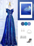 Tineit Pretty A line Off The Shoulder Long Royal Blue Sequin Floor Length Prom Dresses (PRE-ORDER)