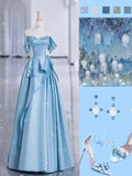 Tineit Pretty Ball Gown Off The Shoulder Long Light Blue Satin Floor Length Prom Dresses (PRE-ORDER)